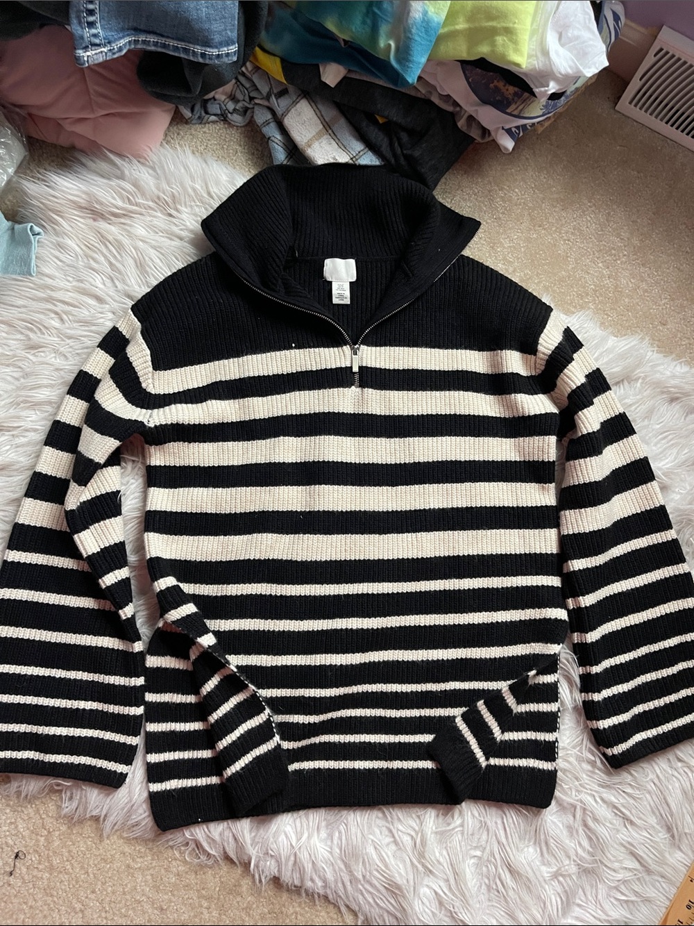H&M Black and Cream Striped Half-Zip Turtleneck Sweater